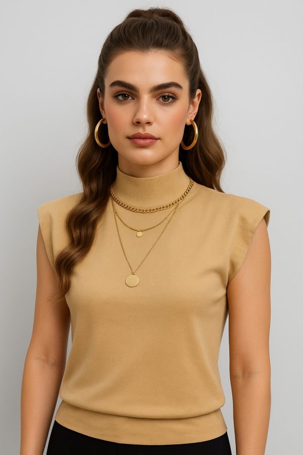 Yüksek Yaka Kap Kolsuz Triko-25K43748-BEJ-04