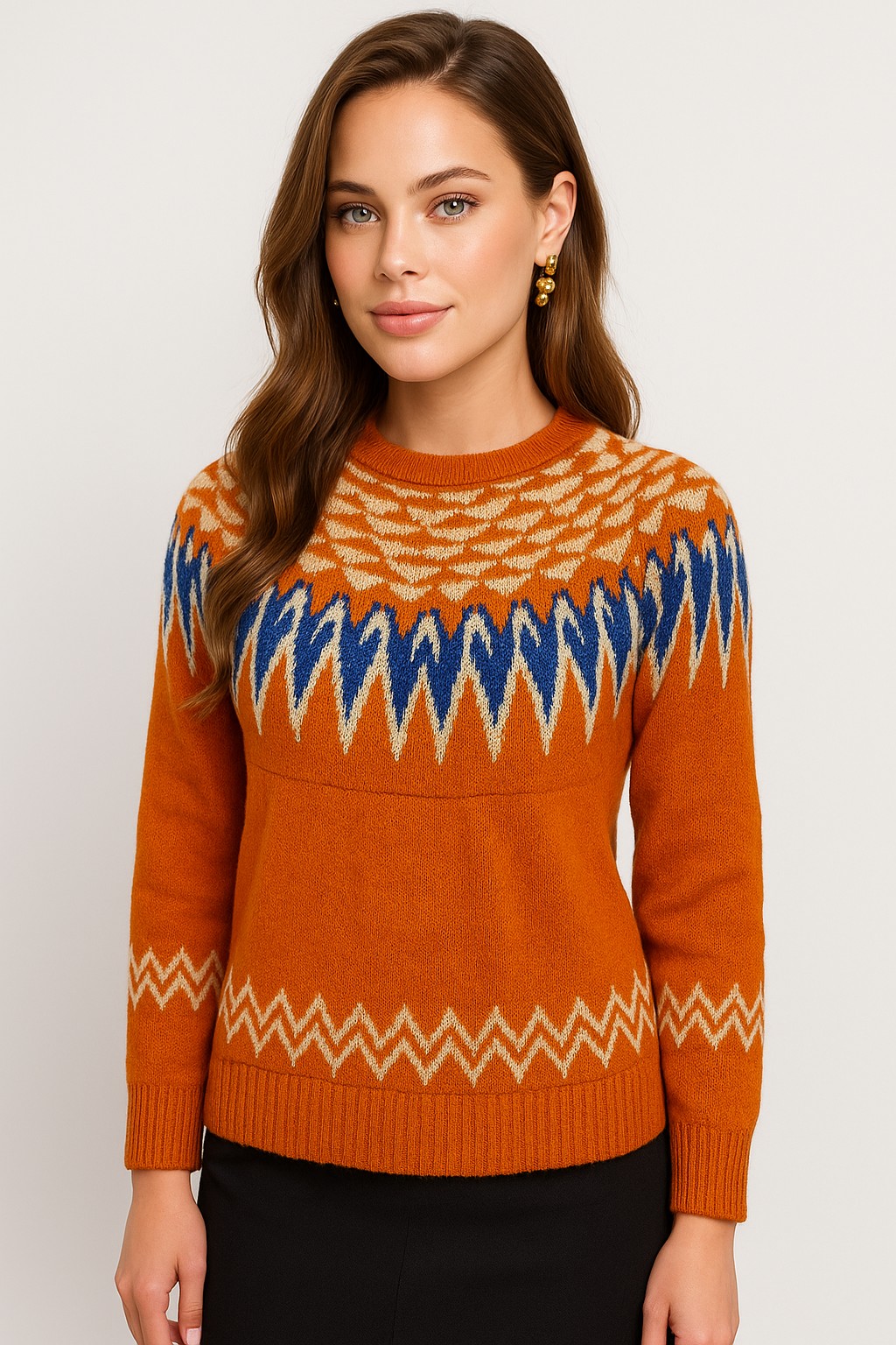 Etnik Desenli Triko Kazak-25K43783-ORANGE-37