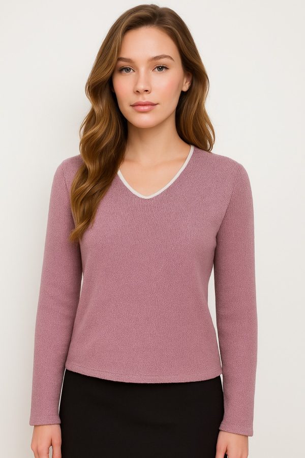 V Yaka İnce Triko Kazak-25K43802-PEMBE-15