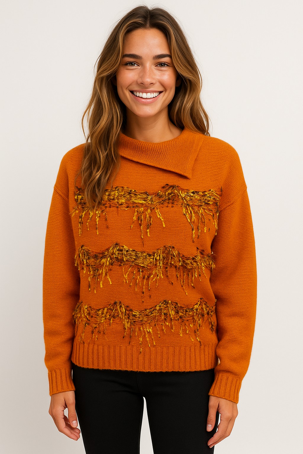 Püskül Detaylı Triko Kazak-25K43853-ORANGE-37