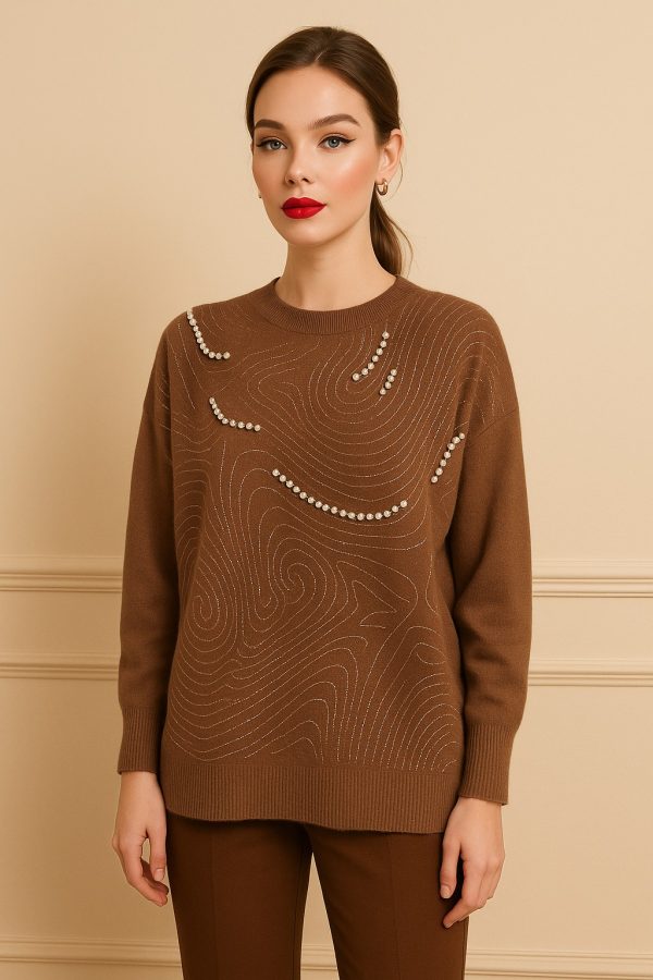 Gold Detaylı Triko Kazak -26K74209-Kahve-12