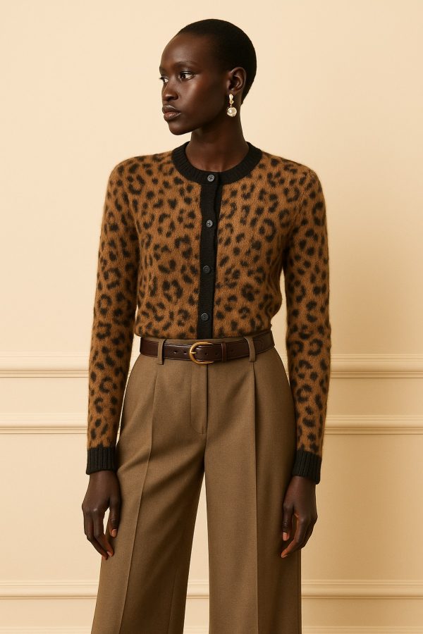 Leopar Desen Düğmeli Triko Ceket-26K74224-Siyah-99