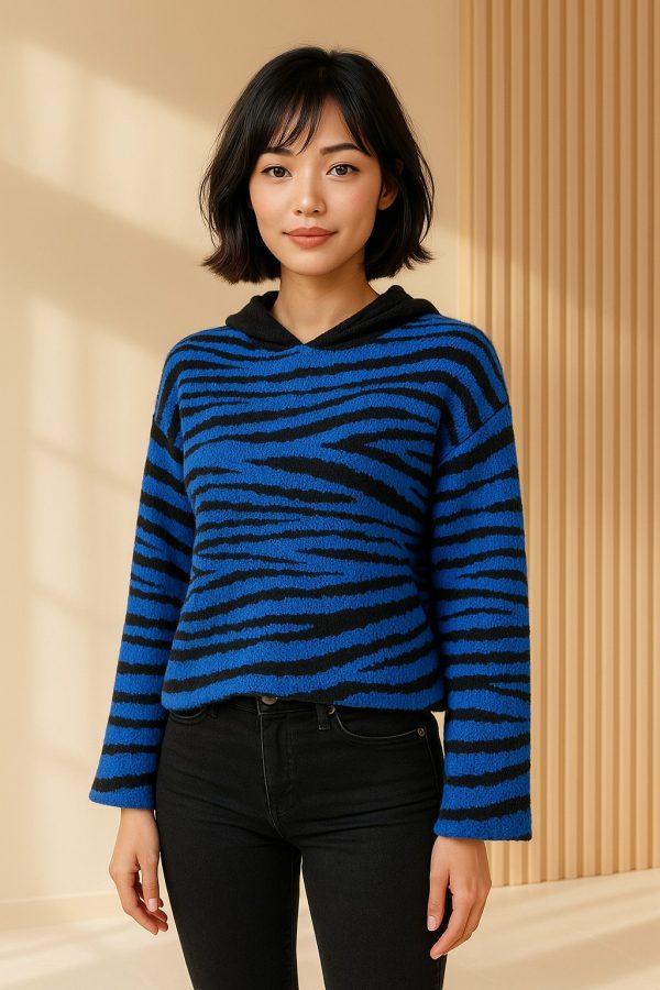 Kapüşonlu Zebra Desenli Lacivert Triko Kazak 24K54571-13