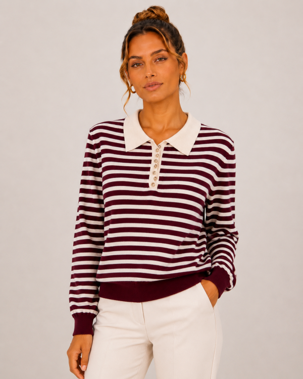 Kadın Çizgili Polo Yaka Triko Kazak 27K12303-30