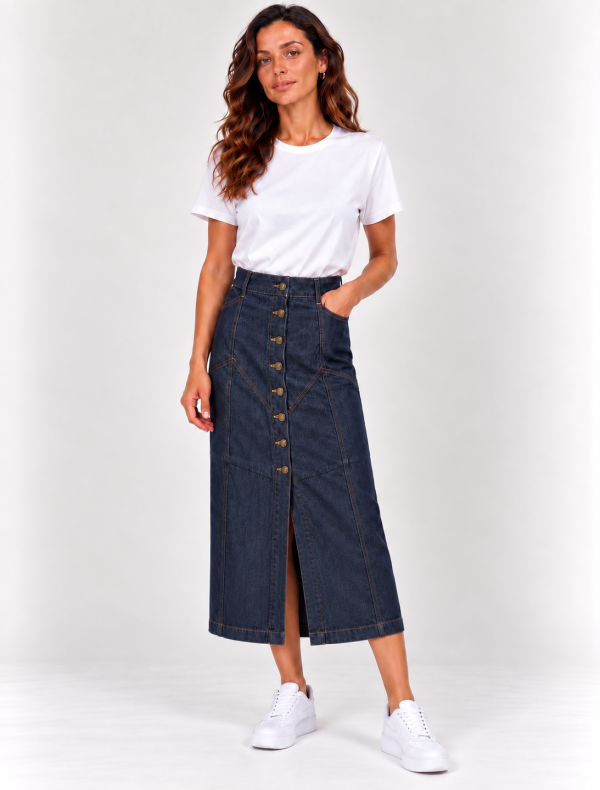 Kadın Denim Düğmeli Midi Etek 27K12351-35