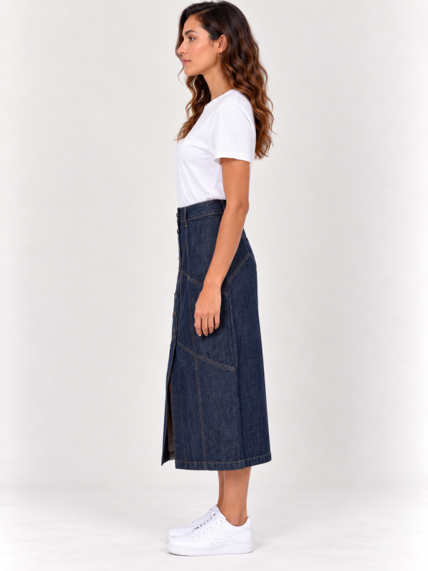 Kadın Denim Düğmeli Midi Etek 27K12351-35'nin alternatif görünümü