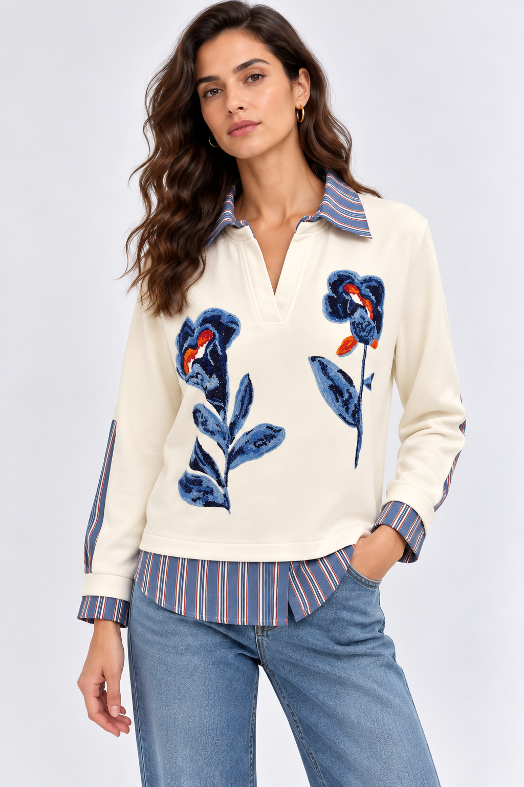 Kadın Çiçek Nakışlı Denim Gömlek 27K12367-16